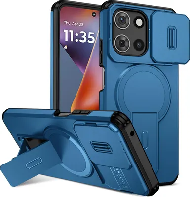 Produktbild von Magnetisch Hülle für Motorola Moto G 2025, Dual Layer Stoßfest Handyhülle mit Dia Kameraschutz, Verstellbarem Ständer Blau