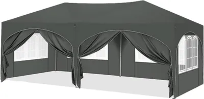 Image de Tente de réception 3x6 m - Pavillon pliable avec 4 parois latérales - Étanche & résistant aux UV - Structure en acier réglable en hauteur - Gris foncé - Pavillon pour jardin & événements - 300x600cm