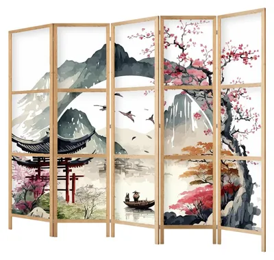 Produktbild von framed concept - Paravent Raumteiler aus Holz 225x172 cm, 5-teilig, einseitig, im orientalischen Stil