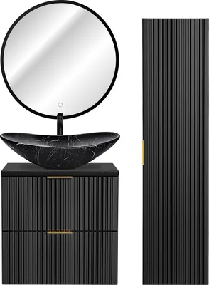 A bathroom vanity set with a mirror and a tall cabinet, displayed against a white background.