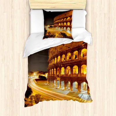 Produktbild von ABAKUHAUS Italien Bettbezug Set, Colosseum in der Nacht-Landschafts-Rom-europäischen Stadt-Erbmonument-Landschaft, 135 x 200 cm + 80 x 80 cm, Bernstein Marigold Schwarz