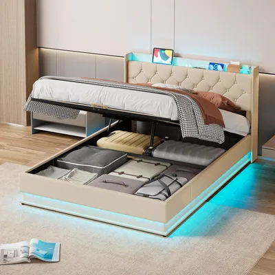 Produktbild von BEALIFE Polsterbett 140x200 cm mit Lattenrost, großem Stauraum,Jugendbett | Leinenoptik | beige/dunkelgrau | AF1714