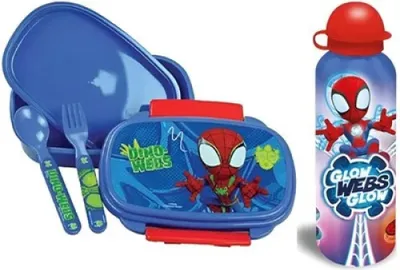Produktbild von Marvel Spidey Spiderman 4 tlg Kinder Lunch Set Brotdose Trinkflasche Besteck - Rot