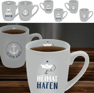 Produktbild von Becher 'Maritim' 6er Set 350 ml Steinzeug 12,5x9,5x8cm hellgrau Aufdruck Glück Ahoi Heimathafen Henkeltasse Kaffeebecher