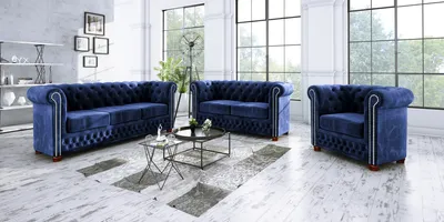 Produktbild von S-STYLE MÖBEL - Chesterfield Jutta Polstergarnitur 3+2+1 aus Marineblau Samt-Stoff mit Holzfüßen, B/T/H: 3er - 203 cm / 86cm / 72 cm
