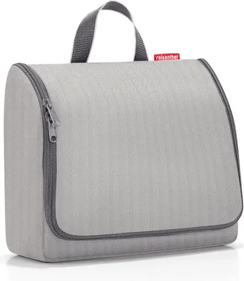 A light gray toiletry bag with dark gray trim and a handle.