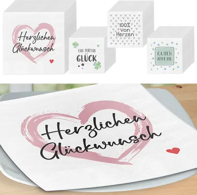 Produktbild von Servietten 'Sprüche' 4 Motive 80er Set 33x33cm 3-lagig Papierserviette stoffähnlich Tuch Herzenssprüche Tischdeko