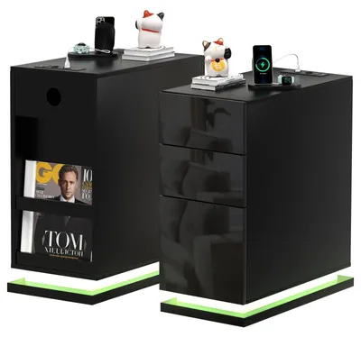 Image de Table de chevet à LED - Table d'appoint avec multiprise - 3 tiroirs - Ports de recharge USB - Piètement en métal - Design moderne - Noir