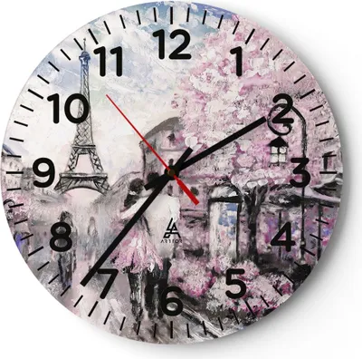 Produktbild von Wanduhr - Rund - Glasuhr - Paris Weg Illustration eiffle - 40x40cm - Schleichendes Uhrwerk - Lautlos - zum Aufhängen bereit - Dekoration Modern - Wanddekoration aus Glas - C4AR40x40-3149