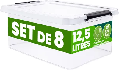 Image de DEUBA® 8x Boîte de rangement 12,5L en plastique transparent empilable sans BPA gain de place caisse de rangement organiseur