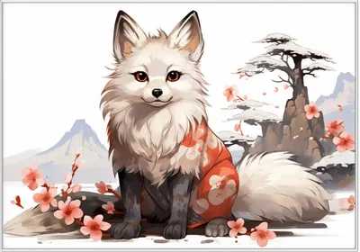 Produktbild von Wallario Wandbild Fuchs mit Kirschblüten, Größe: 70,30 x 100,30 cm, Poster mit weißem Kunststoffrahmen