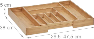 Produktbild von Relaxdays Besteckkasten, 7–9 Fächer, ausziehbarer Besteck Schubladeneinsatz, HxBxT: 5 x 29,5-47,5 x 38 cm, Bambus, natur