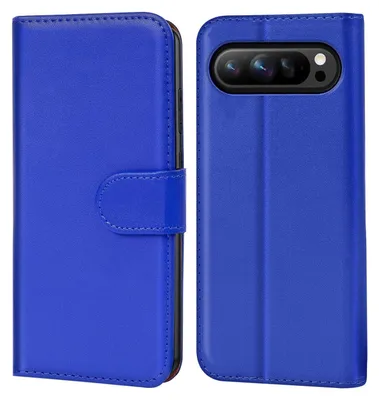 A blue flip case for a smartphone is shown from two angles.
