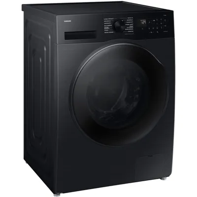 A black Samsung washing machine shown from a three-quarter angle against a white background.