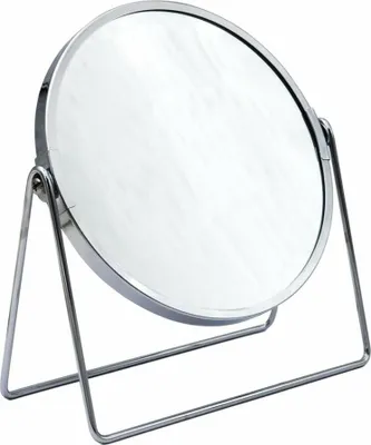 A silver-colored cosmetic mirror with a metal stand, shown against a white background.