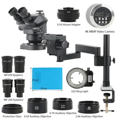 Image de Microscope stéréo - Triculaire - Zoom de 3,5x à 200x - Anneau lumineux LED de 56 - Pour l'électronique
