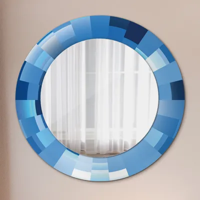 Produktbild von Ø60cm Spiegel - Glasrahmen mit Aufdruck - Wandspiegel Schlafzimmer - blau abstrakt