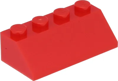 A red LEGO brick with four studs on top and a sloped front.