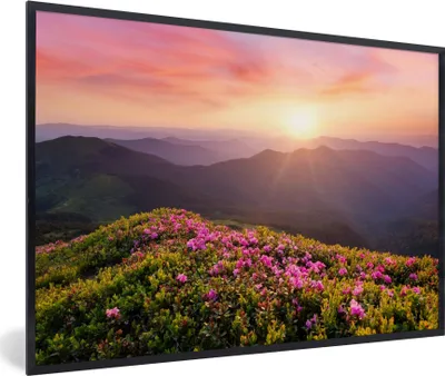 Produktbild von MuchoWow® Gerahmtes Poster Blumen - Berg - Sonnenuntergang - Landschaft 90x60 cm - Poster mit Schwarzem Bilderrahmen Wandposter Rahmen Foto Bilder - Fotorahmen - Foto-Plakat