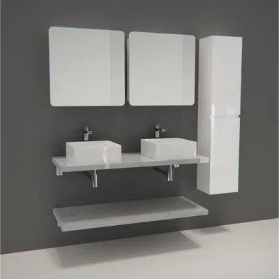 Image de Meuble de Salle de Bain WILL - Plan suspendu 120 cm + 2 Vasques + 2 Armoires de toilette + Colonne