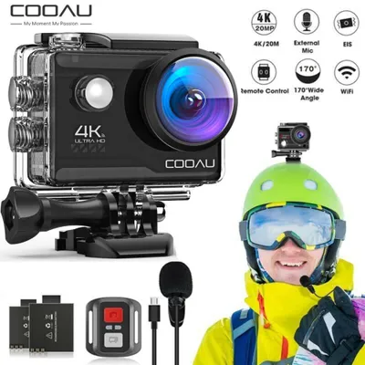 A collage of an action camera and its accessories, along with a person wearing a ski helmet and goggles, demonstrating the camera's use.
