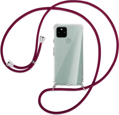 Produktbild von Handykette Backcover-Schutzhülle mit Band (Metall silberfarben) für Google Pixel 5 - dunkelrot