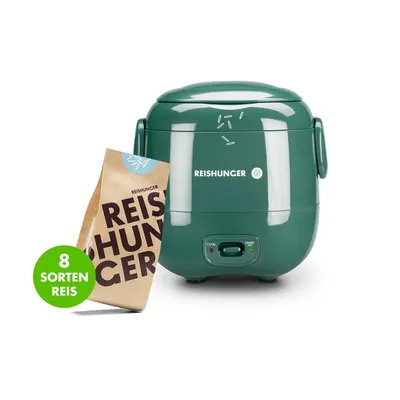 Produktbild von REISHUNGER Mini Reiskocher Starter Set - 0,3 L - Waldgrün - Elektrischer Reiskocher für 1-2 Portionen - Im Vorteils-Set mit 8 Reissorten