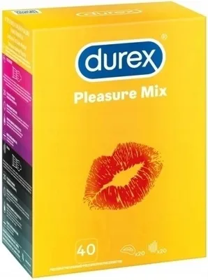 A box of Durex Pleasure Mix condoms with a red lipstick kiss graphic.