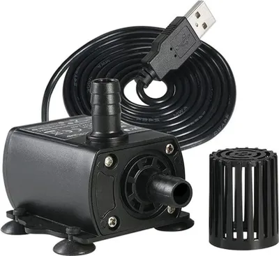 A black USB submersible water pump with a coiled black cable and a black filter attachment, shown on a white background.