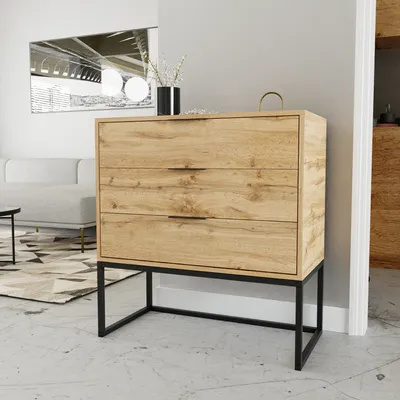 Produktbild von Moderne kommode auf einem Metallgestell MILO 80 cm mit 3 Schubladen und Schwarz Griffen Eiche Wotan + Schwarz
