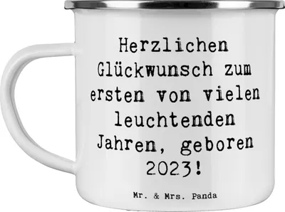 Produktbild von Mr. & Mrs. Panda Teetasse Spruch 2023 Geburtstag - Weiß - Geschenk, Emaille Tasse, Teebecher, Geburtstagsfeier, Happy Birthday, becher, Alter, Pott, Geburtstagsglück