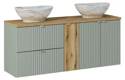 Image de Ensemble ELVINA 140cm : meubles sous vasque à tiroirs et placards + plan pour vasque + deux vasque à poser marbrée