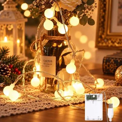 Imagen del producto de Guirnalda de luces LED con 40 luces - 5 metros - Funciona con pilas y puerto USB - 2700 K - Luz cálida - IP65, resistente al agua - Ideal para bodas - Balcón