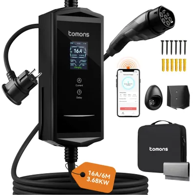 Zdjęcie produktu dla Stacja ładowania samochodów elektrycznych tomons, mobilna, 3,68 kW, 6 metrów, jednofazowa, z kablem ładowania typu 2 i wtyczką Schuko