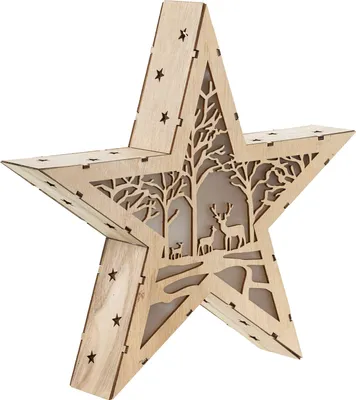 Image de Étoile de Noël LED en bois 30 cm - Motif : Forêt - Deko Aufsteller warm white illuminated - Weihnachten Advent Winter Stern Tisch Deko Beleuchtung betrieben Batterie