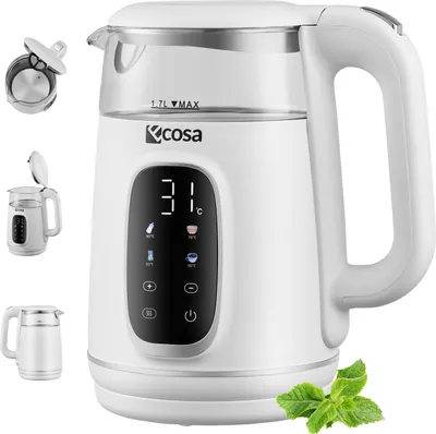 A white electric kettle with a glass body, digital display, and various icons, shown from a front-facing angle with inset images of the kettle from different perspectives. A sprig of mint is visible at the bottom right.