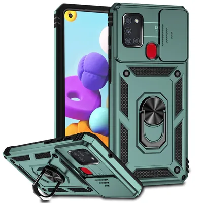 Immagine prodotto di Custodia per Samsung Galaxy A21S a doppio strato con copertura scorrevole della fotocamera e supporto ad anello verde