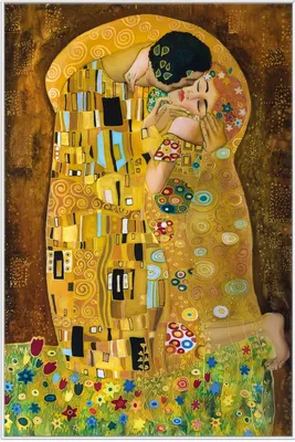 Produktbild von Wallario Wandbild Der Kuss von Klimt, Größe: 61 x 91,50 cm, Poster mit weißem Aluminiumrahmen