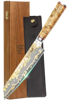 Kiritsuke-Kochmesser 210 mm, Kupfer-Damaststahl, handgeschmiedet, Holzgriff