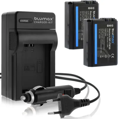 Produktbild von 2x Akku + Lader für Sony NP-FW50  Alpha 5000 6000 6500  7R 7S 7R II  950 mAh