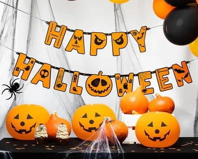 Obrázek produktu pro Banner „Happy Halloween“ s dýní, oranžový, 185 cm