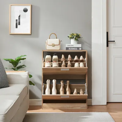 Produktbild von Schuhschrank 'Sykkylven' Schuhkipper mit 2 Klappen 81 x 63 x 24 cm Sonoma-Eiche