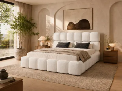 Produktbild von Emlar Polsterbett Tessa 200x200 cm - Bubble Bett mit Bettkasten & Metalllattenrost - Bouclé-Stoff - Doppelbett mit Stauraum Weiß (Quelle 01)