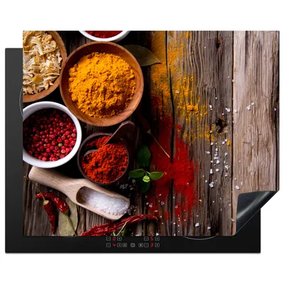 Produktbild von KitchenYeah© Herdabdeckplatte Kräuter - Gewürze - Holz - Löffel - Braun , 65x52cm, Küche Deko, Glaskeramikkochfeld Herdabdeckung, Abdeckplatte fùr Kochfeld