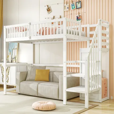 Obrázok produktu pre Merax podkrovná posteľ 90x200 so schodmi a úložnou policou, drevená detská posteľ so skriňou, šetrí miesto, robustný rám z masívneho dreva, biela