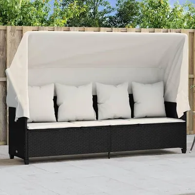 Produktbild von Loungebett Outdoor mit Liegefunktion,Balkonsofa 3 Sitzer mit Dach,Gartensofa Polyrattan,Gartenbett,Liegesofa,Relaxliege,Sonnenliege mit Dach Schwarz