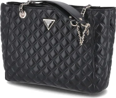 A black quilted Guess shopper bag is shown against a white background.