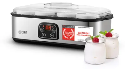 Immagine prodotto di TZS First Austria - Yogurtiera da 25 W con 8 vasetti in vetro da 180 ml ciascuno per un massimo di 1,4 L di yogurt fatto in casa - Yogurtiera con temperatura regolabile da 20 a 55 °C, spegnimento automatico e display LCD - Yogurtiera bianca