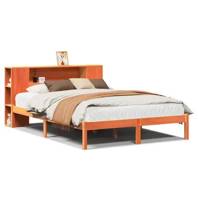 Produktbild von vidaXL Massivholzbett mit Regal ohne Matratze Wachsbraun 135x190 cm