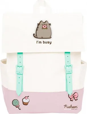 A Pusheen backpack with various cute designs.